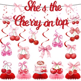 AXWATDEI Cherry Baby Shower Decorations - She’s the Cherry On Top Themed Banner, Hanging Swirls and Oh Baby Cherry Table Honeycomb Centerpieces, Sweet Welcome Baby Party Decors