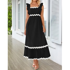 ZESICA Women's Summer Sleeveless Ruffle Dresses Square Neck Backless Boho Flowy Maxi Sundress with Pockets, Black, X-Large