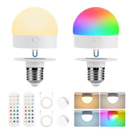 E26 Rechargeable Light Bulb with Remote, Battery Operated Backup Bulb for Sconces & Lamps, Magnetic Detachable, Wireless Puck Light Bulbs for Non-Hardwired, Dimmer＆Timer, 3 Color, 12 RGB, 2 Pack