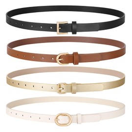 JASGOOD 4 Pack Women Skinny Leather Belt for Dresses with Gold Buckle Ladies Thin Waist Belt for Jeans Pants，Brown+Black+Gold+White