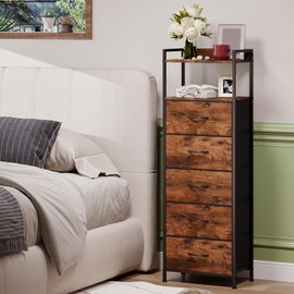 Somdot Tall Night Stand for Bedroom,Tall 5 Drawers Dresser, Vertical Storage Tower Unit, Nightstand Furniture with Fabric Drawer Organizer in Bedside Kids Room, Laundry Entryway, Wood Grain Print