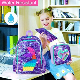 3PCS Mermaid Backpack for Girls, 16” Kids Preschool Bookbag with Lunch Box, Water Resistant School Backpacks for Elementary Kindergarten Toddler - Purple
