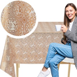 KP HOME Lace Embroidery - Waterproof Wipe Clean Tablecloth Square 53.9” x 53.9” (137x137cm) - Wipeable Plastic Table Cloth Vinyl PVC Oil Cloth Table Cover - Gold and White Medallion Pattern