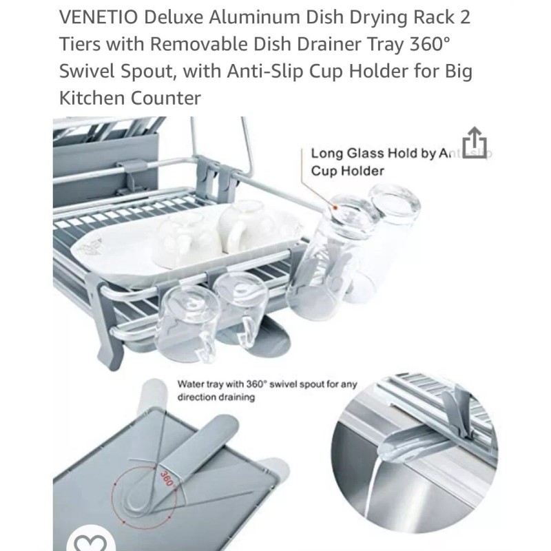 VENETIO Deluxe Aluminum Dish Drying Rack 2 Tiers with Removable