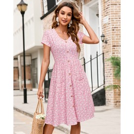 VOTEPRETTY Women's Summer Dress 2023 Casual Short Sleeve V Neck Button Floral Midi Sundress Pockets Spring(Floral32,L)