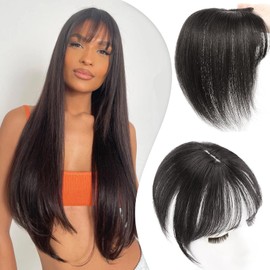 Hair Toppers for Women Real Human Hair 360° 3D Cover Human Hair Topper with Bangs Wispy Bangs Extensions Clip in Bangs for Daily Wear Natural Color