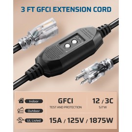 DEWENWILS 3Ft Outdoor GFCI Extension Cord Manual, 12/3 SJTW Heavy Duty Extension Cord, Power Cord with LED Lighted 3 Prong Plug, 15A/125V/1875W, Black, UL Listed
