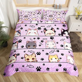 Manfei Cartoon Cat Duvet Cover Set Toddler Size,Kitten Kitty Pet Purple Bedding Set,Cute Animals Quilt Cover for Kids,Comforter Cover(No Filler),2 Pcs
