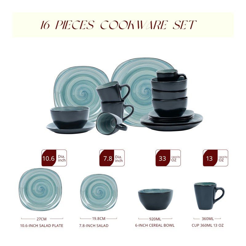 16pcs Ceramic Dinner Set Green Square Shape Dinnerware Set for