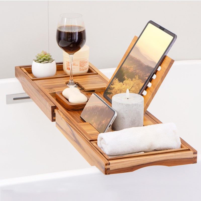 XcE Teak Bathtub Tray Expandable to 105cm with Solid Book