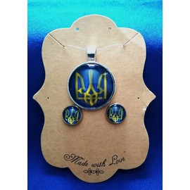 Ukrainian Tryzub Necklace Set with Black Cord Earrings and Keyring National Emblem