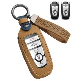 YINEOR for Ford Key Fob Cover Leather Car Key Case Protector Keychain Key Fob Holder Compatible for Bronco Mustang F150 F350 Fusion Escape Edge Explorer Expedition Raptor 2017-2024 (Brown)