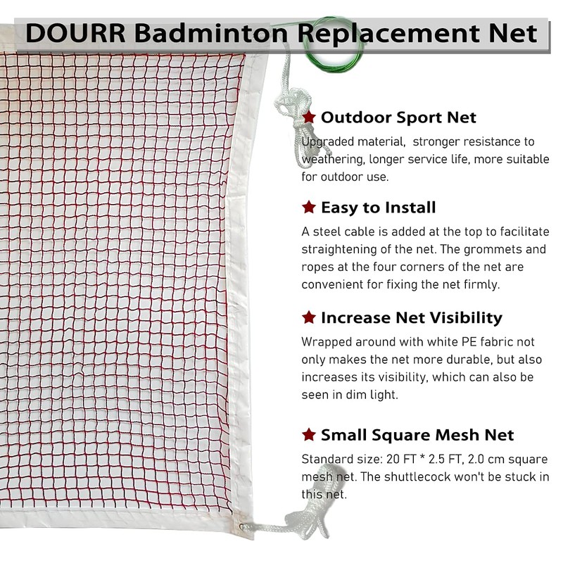 DOURR Badminton Tournament Net with Rope Cable (20 FT x