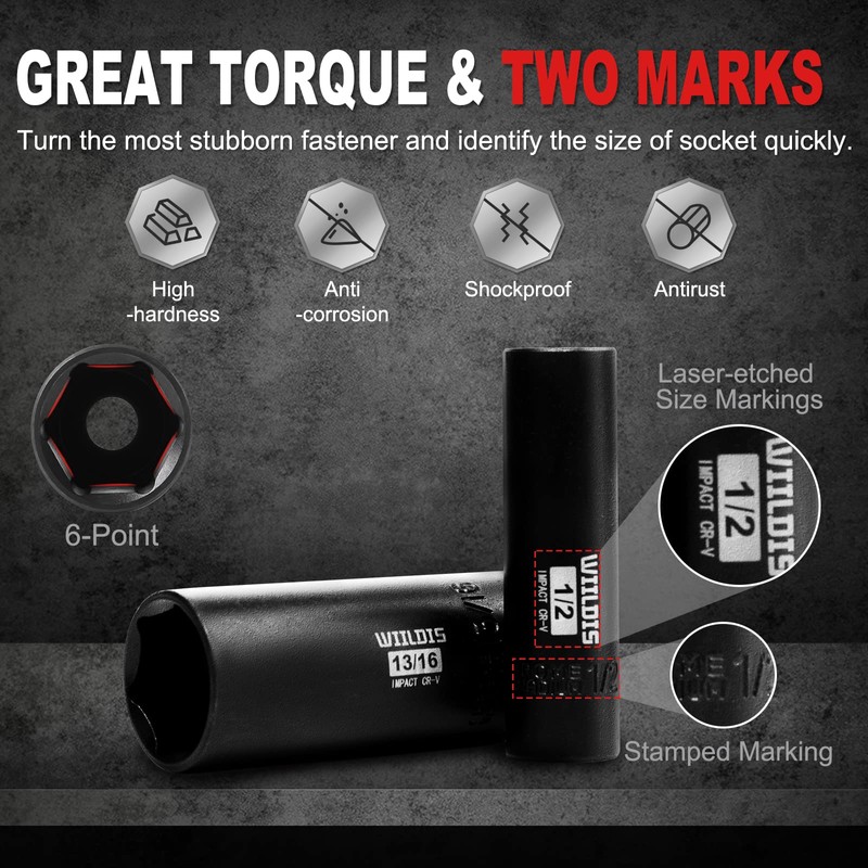 WIILDIS 11 Pieces 3/8-Inch Drive Deep Impact Socket Set, 5/16