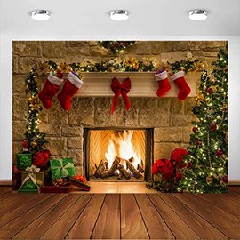 Avezano Christmas Backdrop Xmas Fireplace Photography Background Tree Sock Gift Family Party Decorations Happy New Year Pictures Banner Studio Decor Booth Props