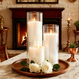 ZJGXH 24 Pcs White Pillar Candles and Glass Cylinder Vases Clear Glass Pillar Candle Holders Hurricane Glass Candle Holders for Table Centerpieces Wedding, Party, Event, Home Office