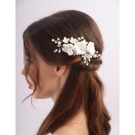 Teyglen Bride Wedding Hair Comb White Flower Pearl Hair Piece Floral Flower Rhinestone Headpiece Bridal Flower Hair Comb Hair Accessories for Women