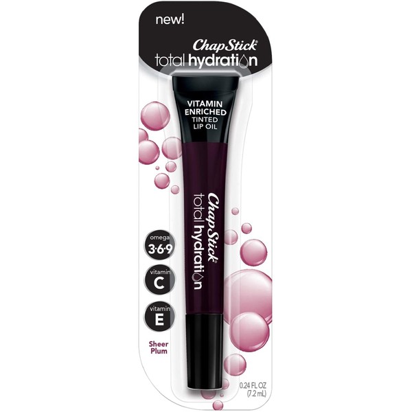 ChapStick Total Hydration (Sheer Plum Tint, 0.24 Ounce) Vitamin Enriched Tinted Lip Oil, Vitamin C, Vitamin E, Contains Omega 3 6 9