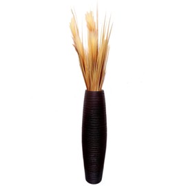 Brown Decorative Contemporary Mango Wood Ribbed Design Round Floor Vase, 31 Inch