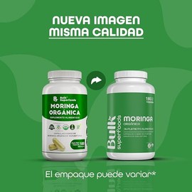 BULK SUPERFOODS Moringa Pura Orgánica 100% Natural | 180 Cápsulas de 500 mg, Suplemento Alimenticio, Sin Gluten, Apto Dieta Keto, Sin Azúcares Añadido
