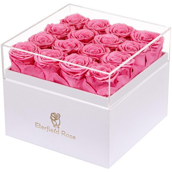 Eterfield Forever Flowers Preserved Flowers for Delivery Prime 16-Piece Pink Roses That Last a Year for Mom Gifts for Her Valentines Day (Square White Box)