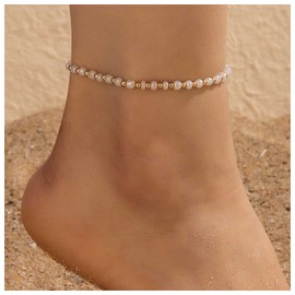 Andelaisi Boho Hippie Pearl Bead Ankle Bracelets Gold Seed Bead Ankle Bracelet White Rice Bead Anklets Minimalist Beach Anklet Foot Chain Jewelry for Women