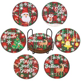Praise V Do 6Pcs Diamond Painting Coasters Kit with Holder Cork Base, DIY Christmas Coasters Diamond Painting Kit for Beginners, Adults DIY Diamond Art Craft for Housewarming Apartment Bar Décor