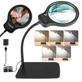 10X 30X Large Magnifying Glass with Light and Stand, 5-inch Lens, 5 Color Modes, Hands Free Magnifying Lamp for Close Work, Lighted Magnifier Desk Lamp for Craft Sewing Jewelry Painting Reading