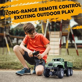 GoolRC RC Military Truck, 1:16 Scale 6WD Remote Control Car, Off-Road RC Crawler, RC Army Cars with LED Light and 2 Batteries, All Terrain RC Military Carrier Truck for Kids and Adults