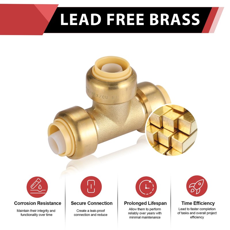 EFIELD Push-Fit Fitting 1/2" Tee to Connect Pex, Copper, CPVC