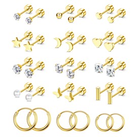 Kakonia Small Tiny Stud Earrings for Women Men Stainless Steel Stud Earrings Sets CZ Heart Moon Star Flatback Earrings Cartilage Hoop Earrings Gold Plated