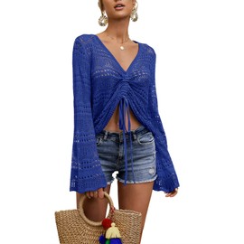 FERBIA - playera de ganchillo para mujer, tela con cordón para la playa, de gran tamaño, sexy, con cordones, poncho, marino, XL