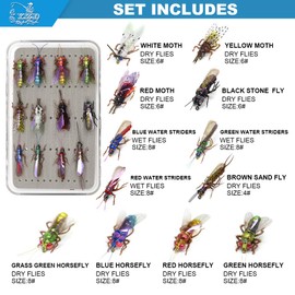 Trout Fly Fishing Flies Collection Dry Wet Nymph Fly Assortment with Fly Box Flyfishing Flys Lures 12/16/18/22/36 Kits (Terrestrials kit)