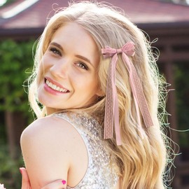 CustomyLife 2Pcs Pink Lace Hair Bows Cute Coquette Bow Clips Long Tail Ribbon Bowknot Barrettes for Women Christmas Valentines Wedding Prom Decorative Accessories