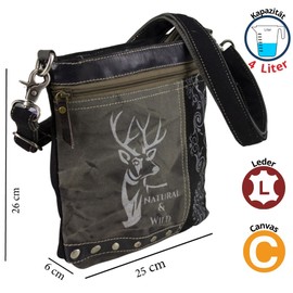 Domelo Damen Trachtentasche. Kleine Trachten Canvas Tasche mit Hirsch Motiv. Vintage Stil Oktoberfest Umhängetasche. Grau Schwarze Crossbody Bag