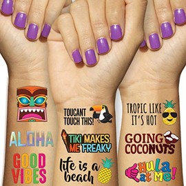 Luau Theme Temporary Tattoos - Hawaii - Aloha -Tropical - Tiki - Summer Themed Beach and Pool Party Decoration, Favors & Supplies
