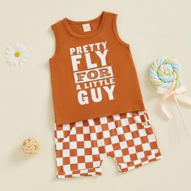 Kavousa Toddler Baby Boy Summer Clothes Funny Letter Tank Top Sleeveless Shirt And Shorts Set 2 Piece Infant Boy Outfit (Pretty Fly For A Little Guy Khaki, 0-6 Months)