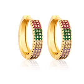 Savlano 14K Gold Plated Cubic Zirconia Multicolor Rainbow Huggie Hoop Round Earrings For Women Comes with Gift Box (Yellow)