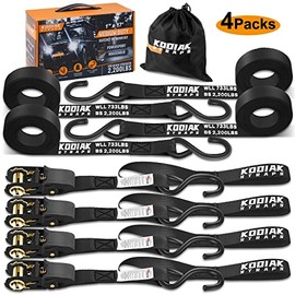 KODIAK STRAPS Ratchet Straps Heavy Duty Tie Down Strap Set 2200 Break Strength â 1" x 17' 4pk with Soft Loops Cargo Truck Bed Tie Downs â Coated Deep S-Hook & Carry Bag for Securing Cargo Black