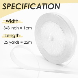 3/8 Inch x 25 Yards Satin Ribbon Continuous Polyester Thin Ribbon for Gift Wrapping Christmas, Hair Bows Making, Wedding Accessories, Flower Bouquet (White)