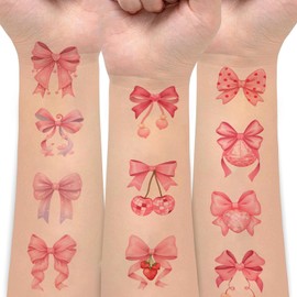 Neptniopllab 108 Pieces Pink Bow Temporary Tattoos, Pre-Cut Self-Adhesive Bow Themed Tattoos Temporary Stickers Coquette Bow Tattos Birthday Party Favor Decorations for Women Girls