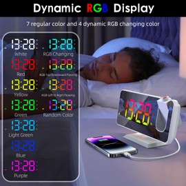 ThreeH Radiowecker mit Projektion Digital RGB Bunte Uhr für Schlafzimmer Dual Alarm USB Ladeanschluss Snooze Großer Spiegel Bildschirm Display Weiß