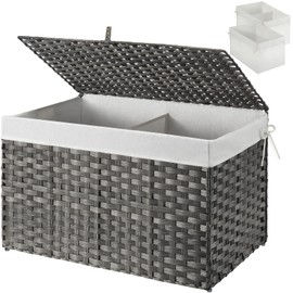 GREENSTELL Storage Basket with Lid, 17.2 Gallon(65L) Small Wicker Blanket Storage Basket with Handles, Foldable, 2 Removable Liner Bags, Metal Frame, for Bedroom, Laundry Room, Grey, 22.2"*13.4"*13.4"