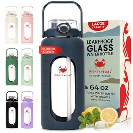 MIGHTY VESSEL 64 oz Glass Water Bottle – Dark Blue | Large Borosilicate Glass Jug with Straw & Time Marker – Leakproof, Travel-Ready Hydration for Sports, Gym, Daily Use