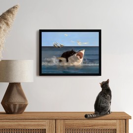 ICHZUMW Funny Black Cat Biting Shark Canvas Wall Art Framed, Quirky Cat Riding Portrait Picture Print, Humorous Unique Whimsical Animal Painting Wall Decor, Bathroom Living Room Bedroom, 12x16in