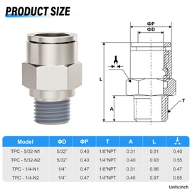 TAILONZ PNEUMATIC Tubo macho recto de 1/4 pulgadas OD x rosca NPT de 1/4 pulgadas Push to Connect Fittings cobre níquel chapado TPC-1/4-N2 (paquete de 10)