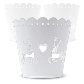 BANBERRY DESIGNS White Deer Votive Holders - Set of 3 Christmas Tin Metal Cut Out Reindeer Design - Rustic Christmas Table Decorations