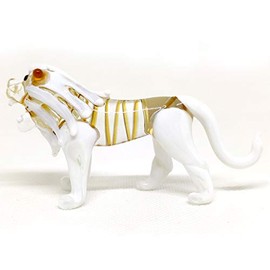 Sansukjai Lion Miniature Figurines Animals Hand Blown Color Glass Art Collectible Gift Decorate, White Amber