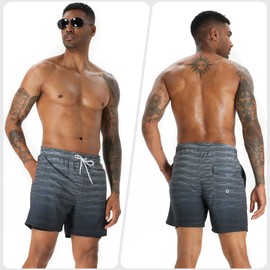 zeetoo Mens Swim Trunks with Compression Liner 5.5" Inseam Swim Shorts Quick Dry Shorts Gradient-Stripe-Gray XL