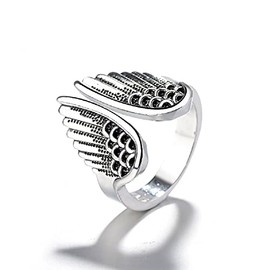 925 Silver Ladies Angel Wings Ring Vintage Thai Silver Stained Black Angel Wings Open Ring Hip Hop Rock Eternity Engagement Wedding Anniversary Band Cocktail Ring 592 (black)